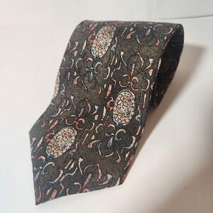 Brigatti Mens Silk Necktie Olive Green Abstract Medallion Fleur-De-Lis